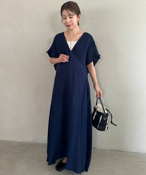 【マタニティ】産前・産後◎Vネックシャーリングロングワンピース Vネックデザインマタニティワンピース Vネックシャーリング楽々ワンピ サイドポケット付き■動画あり | MD2265052 | ネイビー