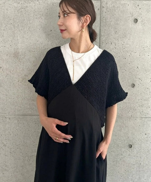 【マタニティ】産前・産後◎Vネックシャーリングロングワンピース Vネックデザインマタニティワンピース Vネックシャーリング楽々ワンピ サイドポケット付き■動画あり | MD2265052 | ネイビー