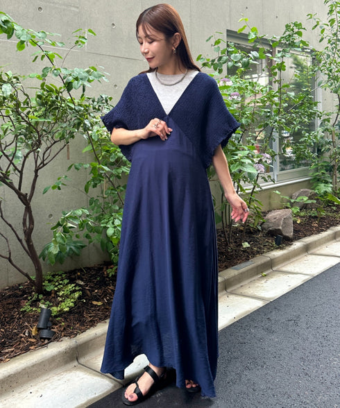 【マタニティ】産前・産後◎Vネックシャーリングロングワンピース Vネックデザインマタニティワンピース Vネックシャーリング楽々ワンピ サイドポケット付き■動画あり | MD2265052 | ネイビー