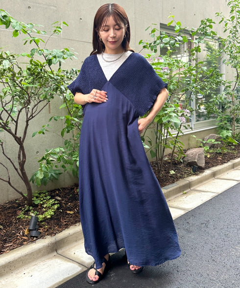 【マタニティ】産前・産後◎Vネックシャーリングロングワンピース Vネックデザインマタニティワンピース Vネックシャーリング楽々ワンピ サイドポケット付き■動画あり | MD2265052 | ネイビー