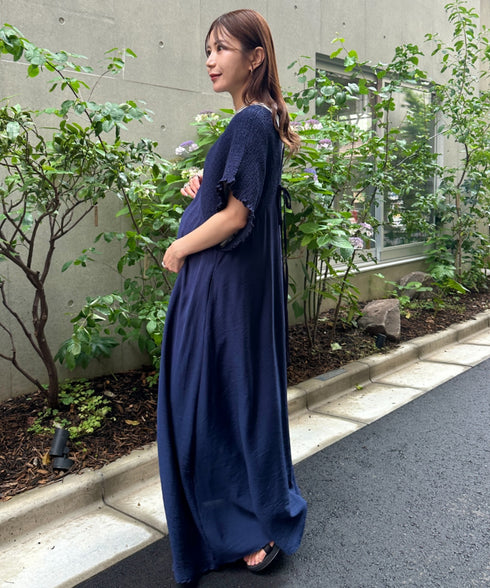 【マタニティ】産前・産後◎Vネックシャーリングロングワンピース Vネックデザインマタニティワンピース Vネックシャーリング楽々ワンピ サイドポケット付き■動画あり | MD2265052 | ネイビー