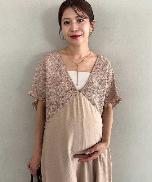 【マタニティ】産前・産後◎Vネックシャーリングロングワンピース Vネックデザインマタニティワンピース Vネックシャーリング楽々ワンピ サイドポケット付き■動画あり | MD2265052 | ベージュ