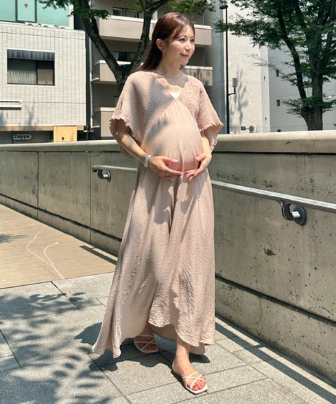 【マタニティ】産前・産後◎Vネックシャーリングロングワンピース Vネックデザインマタニティワンピース Vネックシャーリング楽々ワンピ サイドポケット付き■動画あり | MD2265052 | ベージュ
