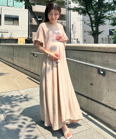 【マタニティ】産前・産後◎Vネックシャーリングロングワンピース Vネックデザインマタニティワンピース Vネックシャーリング楽々ワンピ サイドポケット付き■動画あり | MD2265052 | ベージュ