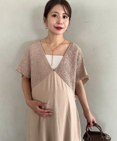 【マタニティ】産前・産後◎Vネックシャーリングロングワンピース Vネックデザインマタニティワンピース Vネックシャーリング楽々ワンピ サイドポケット付き■動画あり | MD2265052 | ベージュ