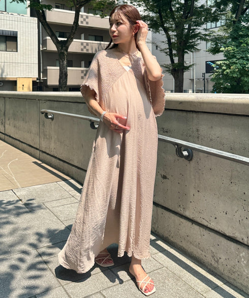 【マタニティ】産前・産後◎Vネックシャーリングロングワンピース Vネックデザインマタニティワンピース Vネックシャーリング楽々ワンピ サイドポケット付き■動画あり | MD2265052 | ベージュ