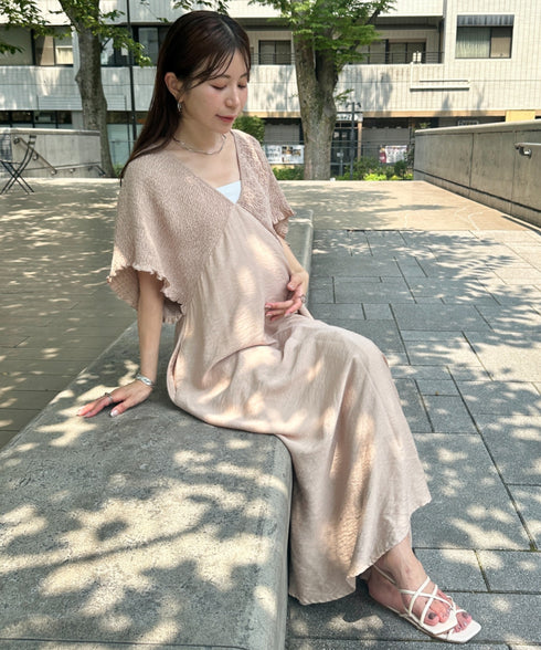 【マタニティ】産前・産後◎Vネックシャーリングロングワンピース Vネックデザインマタニティワンピース Vネックシャーリング楽々ワンピ サイドポケット付き■動画あり | MD2265052 | ベージュ