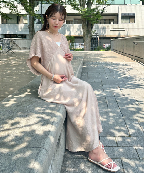 【マタニティ】産前・産後◎Vネックシャーリングロングワンピース Vネックデザインマタニティワンピース Vネックシャーリング楽々ワンピ サイドポケット付き■動画あり | MD2265052 | ベージュ