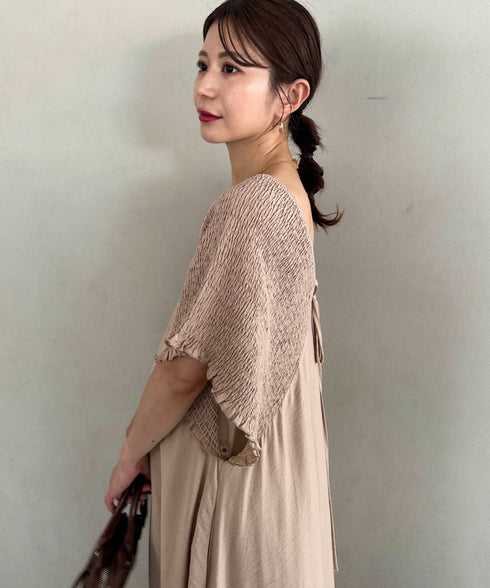 【マタニティ】産前・産後◎Vネックシャーリングロングワンピース Vネックデザインマタニティワンピース Vネックシャーリング楽々ワンピ サイドポケット付き■動画あり | MD2265052 | ベージュ