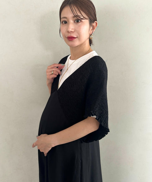 【マタニティ】産前・産後◎Vネックシャーリングロングワンピース Vネックデザインマタニティワンピース Vネックシャーリング楽々ワンピ サイドポケット付き■動画あり | MD2265052 | ブラック