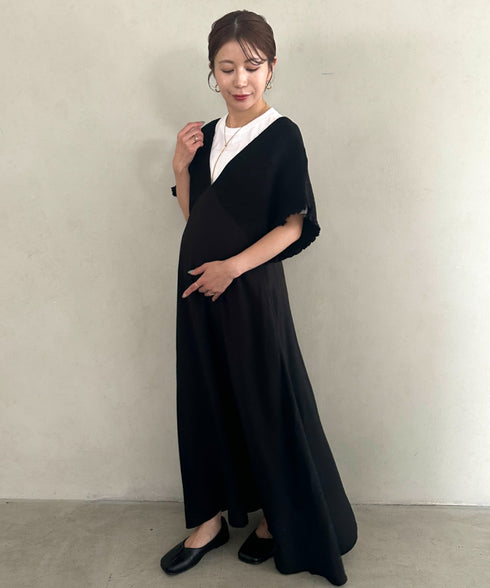 【マタニティ】産前・産後◎Vネックシャーリングロングワンピース Vネックデザインマタニティワンピース Vネックシャーリング楽々ワンピ サイドポケット付き■動画あり | MD2265052 | ブラック