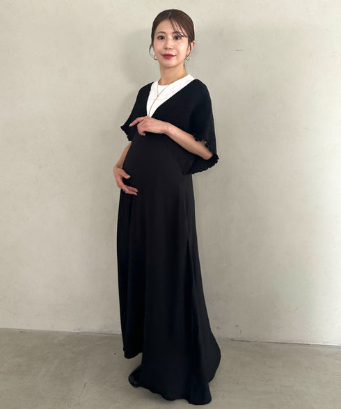 【マタニティ】産前・産後◎Vネックシャーリングロングワンピース Vネックデザインマタニティワンピース Vネックシャーリング楽々ワンピ サイドポケット付き■動画あり | MD2265052 | ブラック