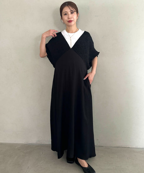 【マタニティ】産前・産後◎Vネックシャーリングロングワンピース Vネックデザインマタニティワンピース Vネックシャーリング楽々ワンピ サイドポケット付き■動画あり | MD2265052 | ブラック