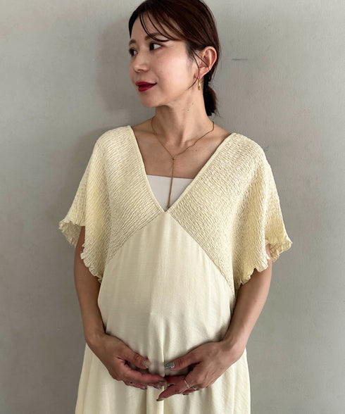 【マタニティ】産前・産後◎Vネックシャーリングロングワンピース Vネックデザインマタニティワンピース Vネックシャーリング楽々ワンピ サイドポケット付き■動画あり | MD2265052 | アイボリー