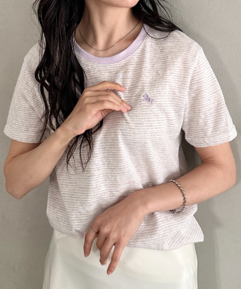 POLOCHAMPS(ポロチャンプス)/ ワンポイント刺繍 クルーネック半袖Tシャツ ボーダー/刺繍Tシャツ | IM2262028 | パープル
