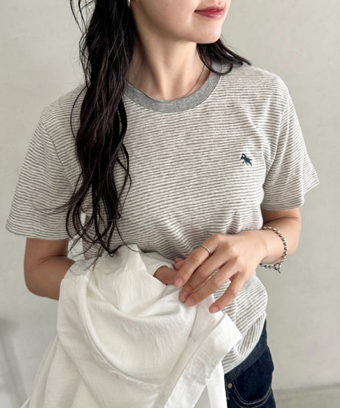 POLOCHAMPS(ポロチャンプス)/ ワンポイント刺繍 クルーネック半袖Tシャツ ボーダー/刺繍Tシャツ | IM2262028 | グレー