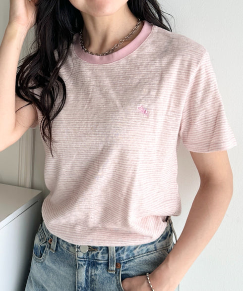 POLOCHAMPS(ポロチャンプス)/ ワンポイント刺繍 クルーネック半袖Tシャツ ボーダー/刺繍Tシャツ | IM2262028 | ピンク