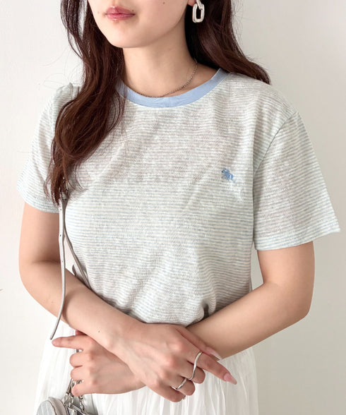 POLOCHAMPS(ポロチャンプス)/ ワンポイント刺繍 クルーネック半袖Tシャツ ボーダー/刺繍Tシャツ | IM2262028 | サックスブルー