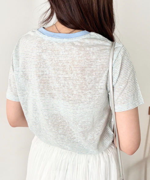 POLOCHAMPS(ポロチャンプス)/ ワンポイント刺繍 クルーネック半袖Tシャツ ボーダー/刺繍Tシャツ | IM2262028 | サックスブルー