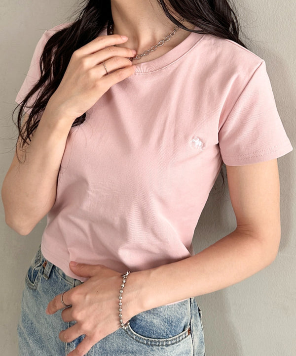 POLOCHAMPS(ポロチャンプス)/無地 ワンポイント刺繍 クロップド丈 短丈 クルーネック/カラー刺繍Tシャツ | IM2262031 | ピンク
