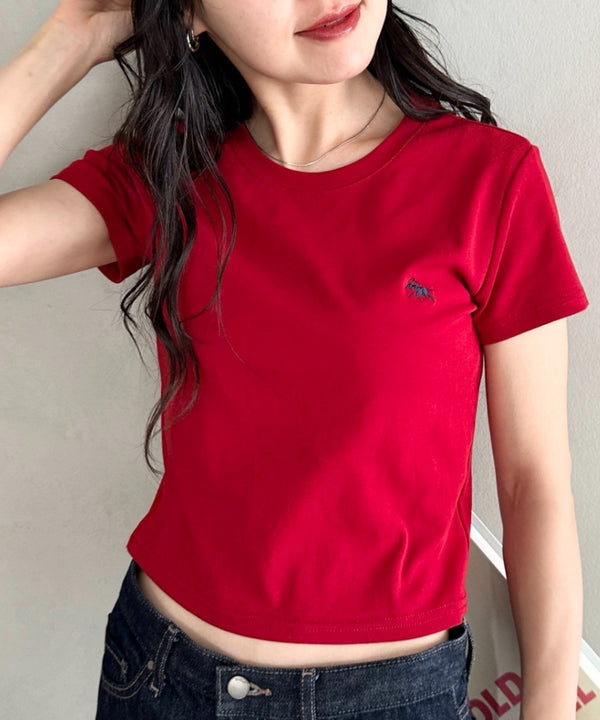 POLOCHAMPS(ポロチャンプス)/無地 ワンポイント刺繍 クロップド丈 短丈 クルーネック/カラー刺繍Tシャツ | IM2262031 | ワインレッド