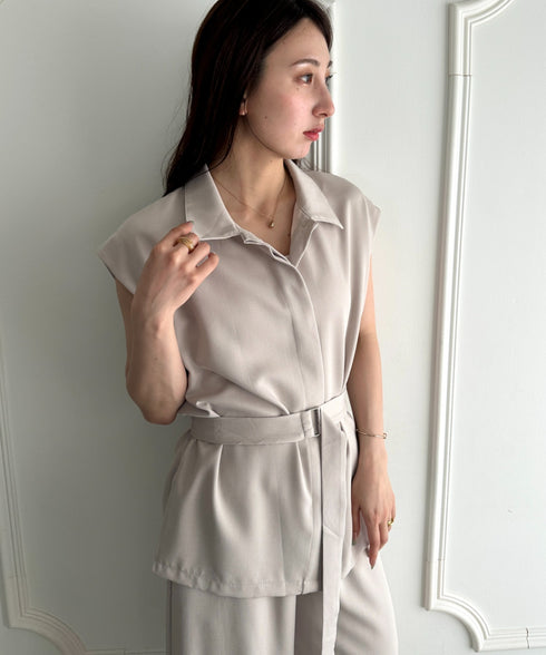 ウエスト切り替えベルト付きワイドシルエットベスト×ワイドパンツセットアップ 2点SET | MD2265075 | ベージュ