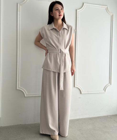 ウエスト切り替えベルト付きワイドシルエットベスト×ワイドパンツセットアップ 2点SET | MD2265075 | ベージュ