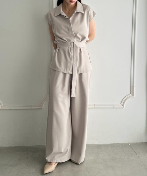 ウエスト切り替えベルト付きワイドシルエットベスト×ワイドパンツセットアップ 2点SET | MD2265075 | ベージュ