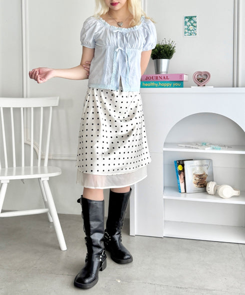 【7色展開】無地/チェック半袖ギャザーブラウス | SL2262021 | ライトブルー