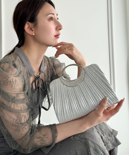 プリーツコンパクトハンドバッグ パーティーバッグ 結婚式パーティーお呼ばれオケージョン | MD1265096 | シルバー