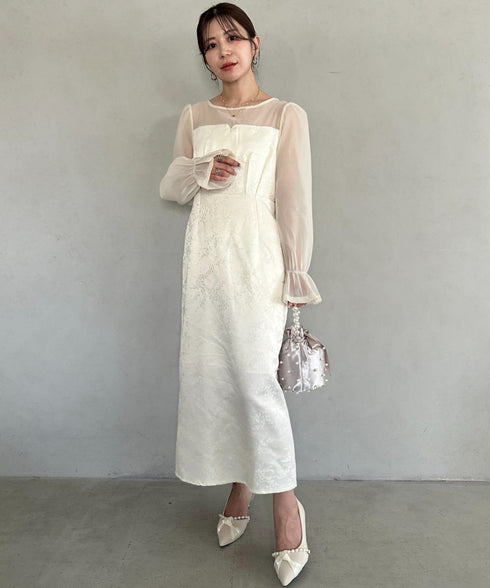 ジャガードシアースリーブロングドレス ロングワンピース パーティードレス 結婚式 お呼ばれ オケージョンドレス | MD2265115 | アイボリー