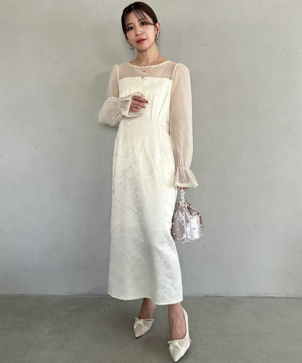 ジャガードシアースリーブロングドレス ロングワンピース パーティードレス 結婚式 お呼ばれ オケージョンドレス | MD2265115 | アイボリー