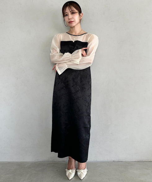 ジャガードシアースリーブロングドレス ロングワンピース パーティードレス 結婚式 お呼ばれ オケージョンドレス | MD2265115 | ブラック系その他