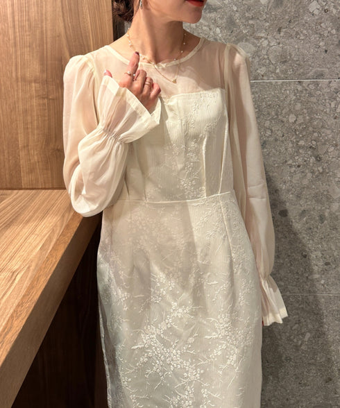 ジャガードシアースリーブロングドレス ロングワンピース パーティードレス 結婚式 お呼ばれ オケージョンドレス | MD2265115 | アイボリー