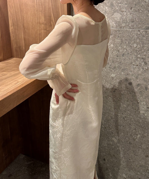 ジャガードシアースリーブロングドレス ロングワンピース パーティードレス 結婚式 お呼ばれ オケージョンドレス | MD2265115 | アイボリー