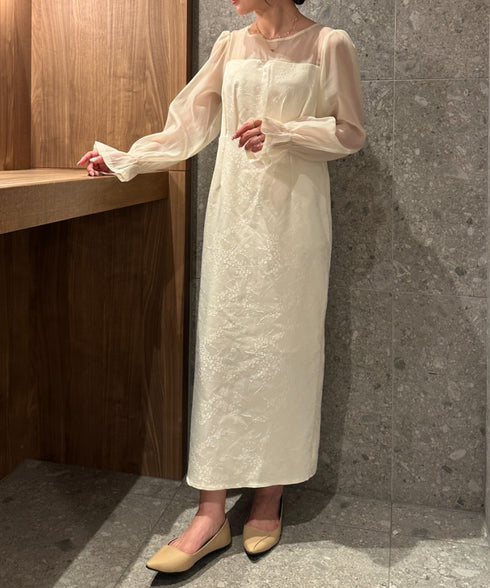 ジャガードシアースリーブロングドレス ロングワンピース パーティードレス 結婚式 お呼ばれ オケージョンドレス | MD2265115 | アイボリー