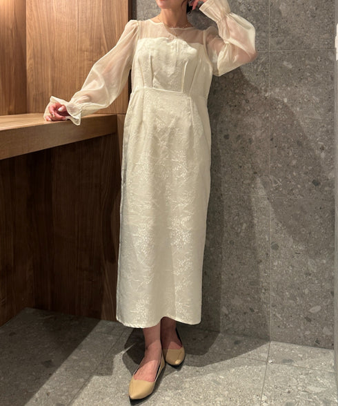 ジャガードシアースリーブロングドレス ロングワンピース パーティードレス 結婚式 お呼ばれ オケージョンドレス | MD2265115 | アイボリー