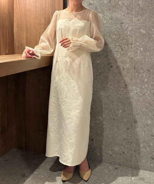 ジャガードシアースリーブロングドレス ロングワンピース パーティードレス 結婚式 お呼ばれ オケージョンドレス | MD2265115 | アイボリー