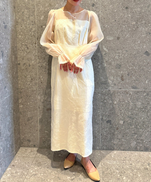 ジャガードシアースリーブロングドレス ロングワンピース パーティードレス 結婚式 お呼ばれ オケージョンドレス | MD2265115 | アイボリー