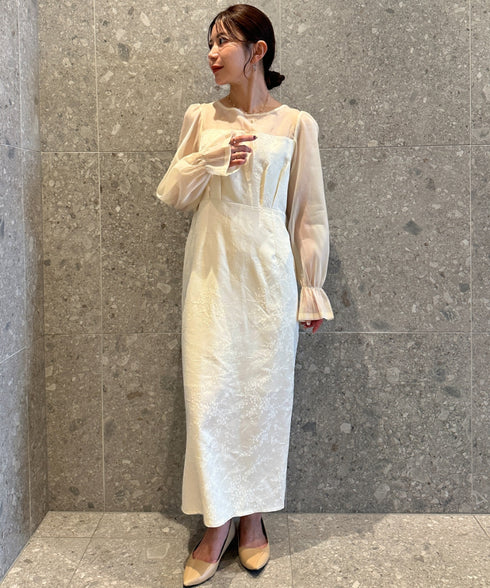 ジャガードシアースリーブロングドレス ロングワンピース パーティードレス 結婚式 お呼ばれ オケージョンドレス | MD2265115 | アイボリー