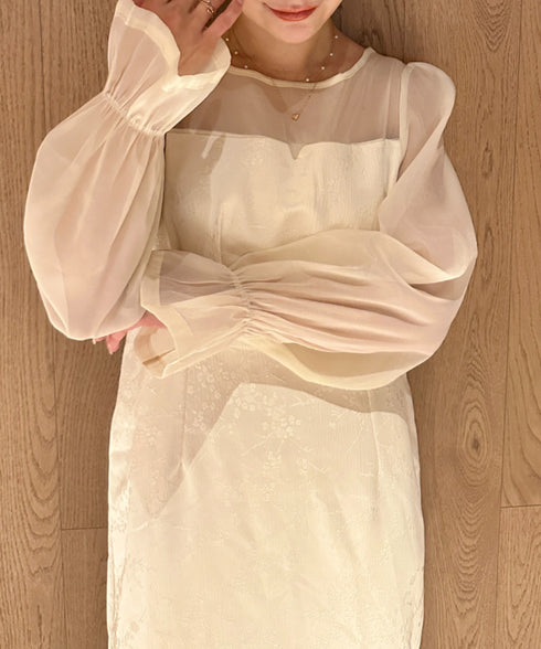 ジャガードシアースリーブロングドレス ロングワンピース パーティードレス 結婚式 お呼ばれ オケージョンドレス | MD2265115 | アイボリー
