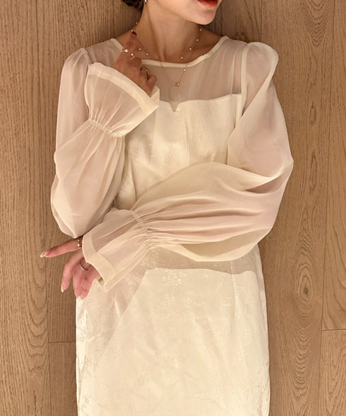 ジャガードシアースリーブロングドレス ロングワンピース パーティードレス 結婚式 お呼ばれ オケージョンドレス | MD2265115 | アイボリー