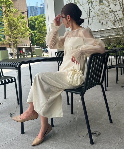 ジャガードシアースリーブロングドレス ロングワンピース パーティードレス 結婚式 お呼ばれ オケージョンドレス | MD2265115 | アイボリー