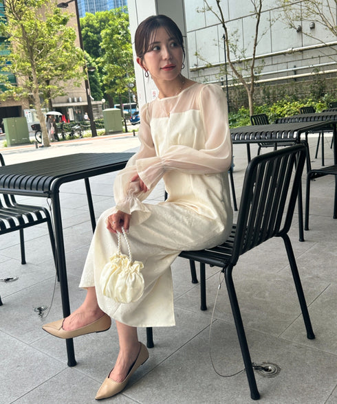 ジャガードシアースリーブロングドレス ロングワンピース パーティードレス 結婚式 お呼ばれ オケージョンドレス | MD2265115 | アイボリー