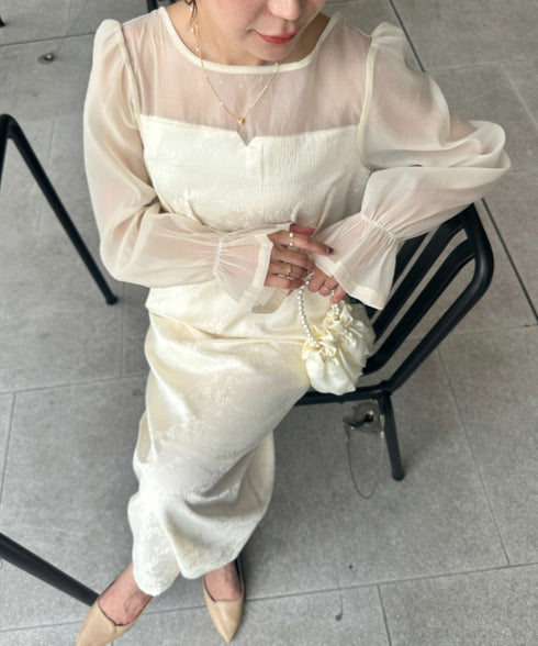 ジャガードシアースリーブロングドレス ロングワンピース パーティードレス 結婚式 お呼ばれ オケージョンドレス | MD2265115 | アイボリー