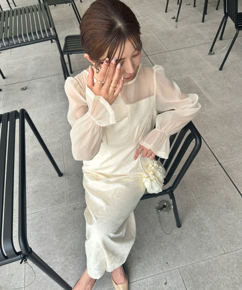 ジャガードシアースリーブロングドレス ロングワンピース パーティードレス 結婚式 お呼ばれ オケージョンドレス | MD2265115 | アイボリー