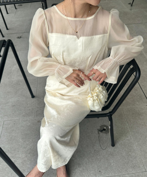 ジャガードシアースリーブロングドレス ロングワンピース パーティードレス 結婚式 お呼ばれ オケージョンドレス | MD2265115 | アイボリー