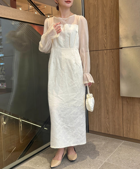 ジャガードシアースリーブロングドレス ロングワンピース パーティードレス 結婚式 お呼ばれ オケージョンドレス | MD2265115 | アイボリー