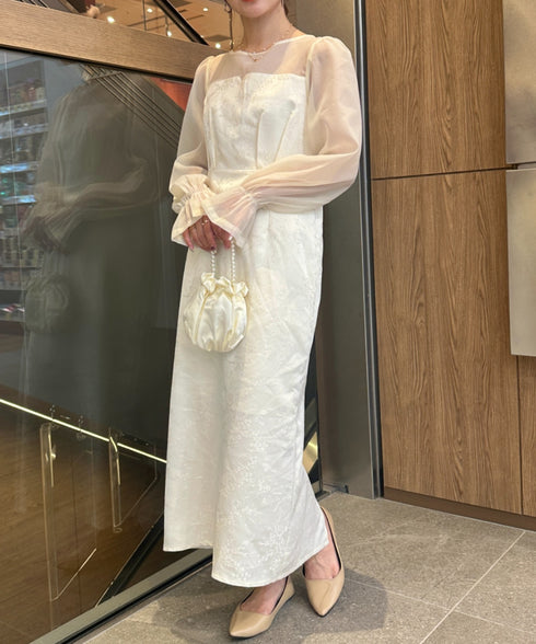 ジャガードシアースリーブロングドレス ロングワンピース パーティードレス 結婚式 お呼ばれ オケージョンドレス | MD2265115 | アイボリー
