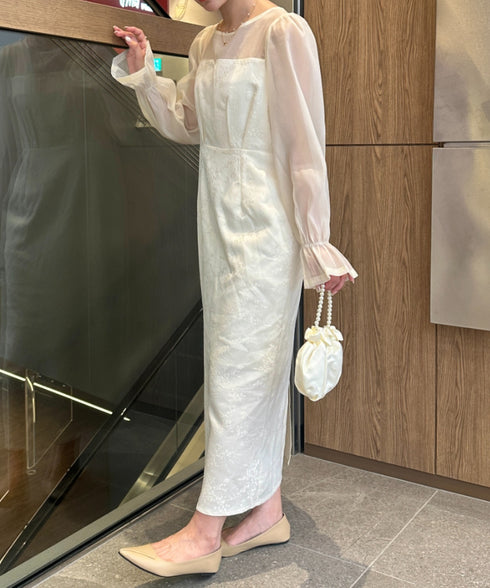 ジャガードシアースリーブロングドレス ロングワンピース パーティードレス 結婚式 お呼ばれ オケージョンドレス | MD2265115 | アイボリー
